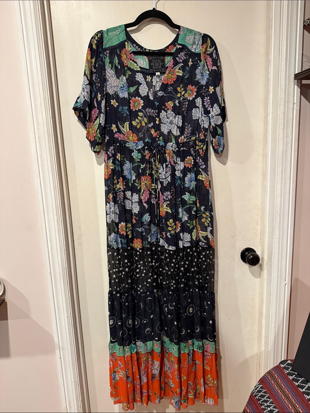 Amazing Johnny Was Navy Floral Tiered Maxi Dress with Orange Hem
